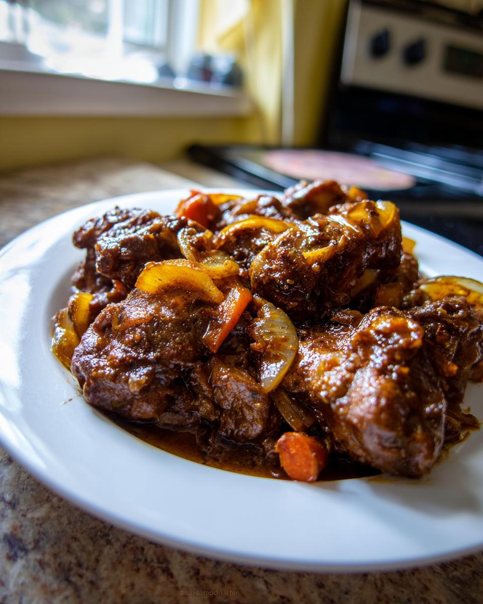Close-up of rich, dark brown stew chicken pieces with sautéed onions and carrots on a white plate.