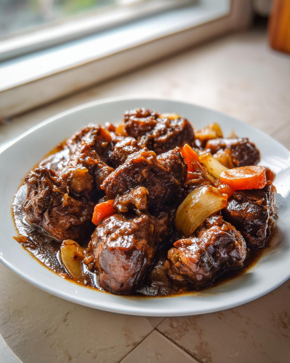 Close-up of rich, dark brown stew chicken pieces with carrots and onions on a white plate.