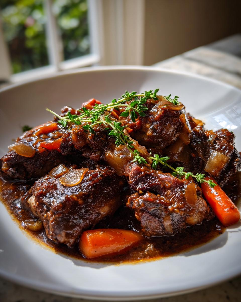 Close-up of rich brown stew chicken pieces in a dark sauce with carrots and thyme garnish.