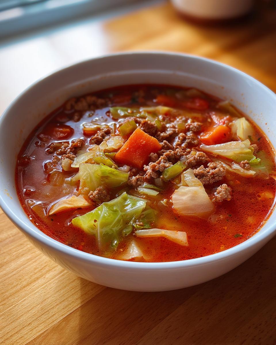 Close-up of a white bowl filled with vibrant red cabbage soup, featuring ground meat, cabbage chunks, and carrots.