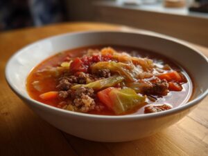 Close-up of a white bowl filled with hearty cabbage soup featuring ground beef, carrots, and tomatoes.
