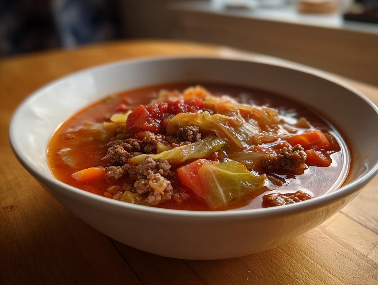 Close-up of a white bowl filled with hearty cabbage soup featuring ground beef, carrots, and tomatoes.