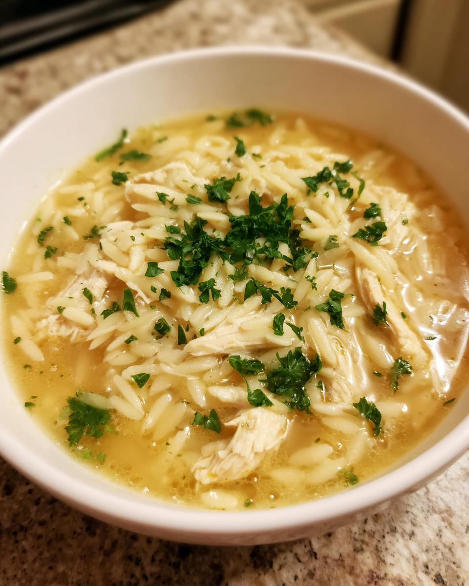 A close-up of a white bowl filled with savory chicken orzo soup, topped with shredded chicken and fresh parsley.