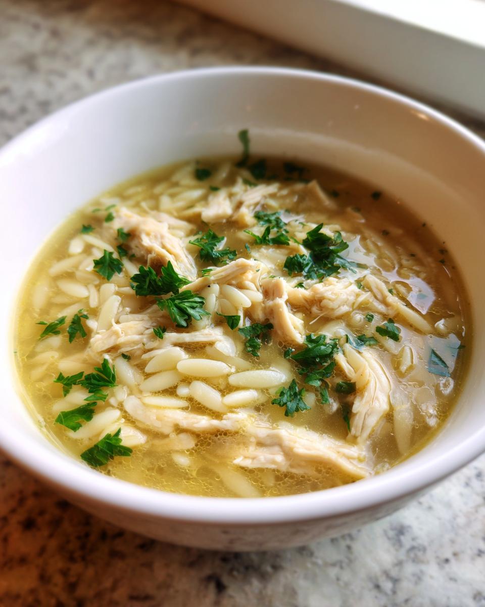 Close-up of a white bowl filled with steaming chicken orzo soup, featuring shredded chicken and garnished with fresh parsley.