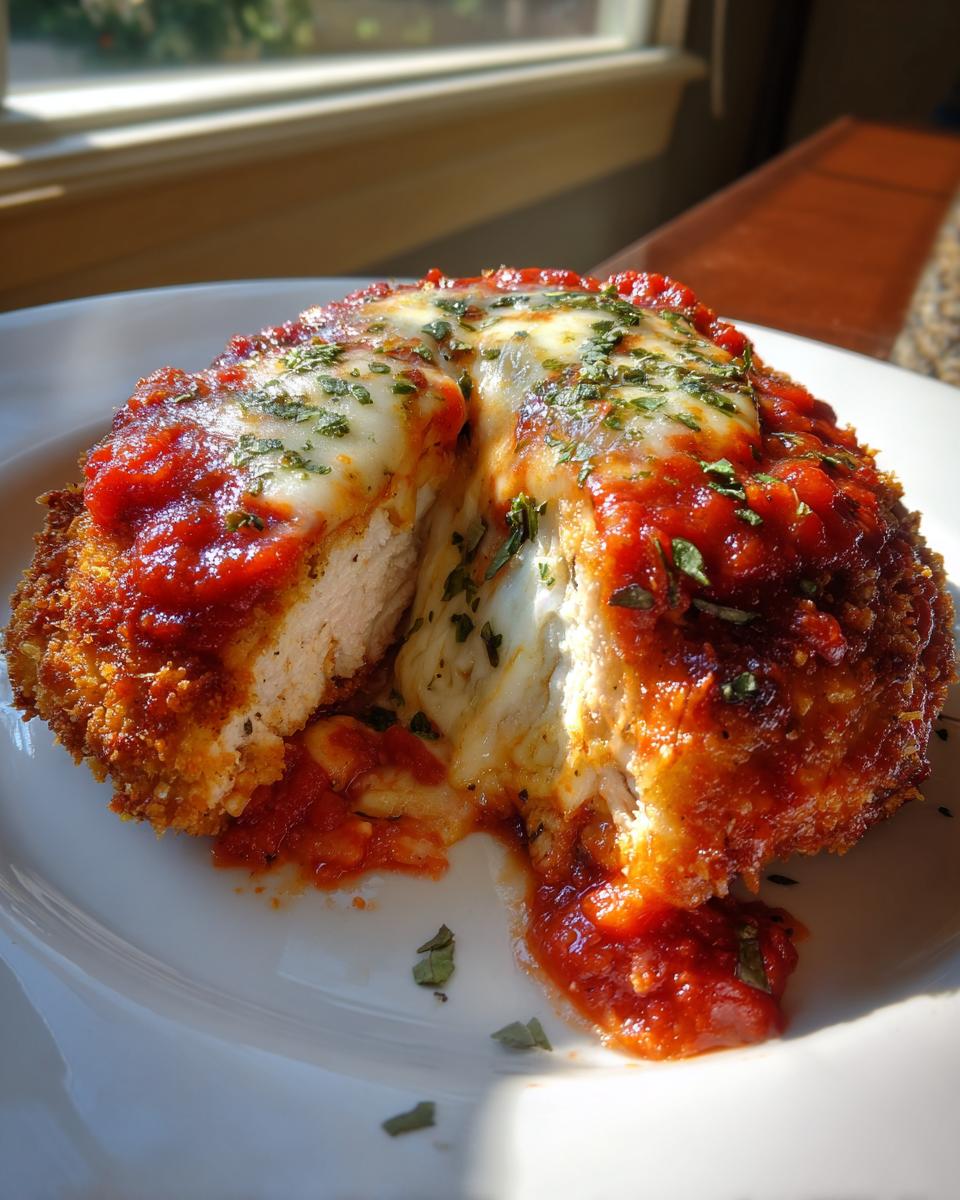 Cross-section of a juicy chicken parmesan recipe showing melted mozzarella cheese oozing out, topped with marinara sauce and herbs.