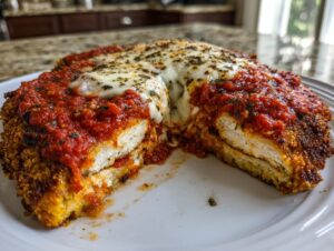 Cross section view of a perfectly cooked chicken parmesan recipe, showing crispy breading, white chicken meat, marinara sauce, and melted mozzarella cheese.