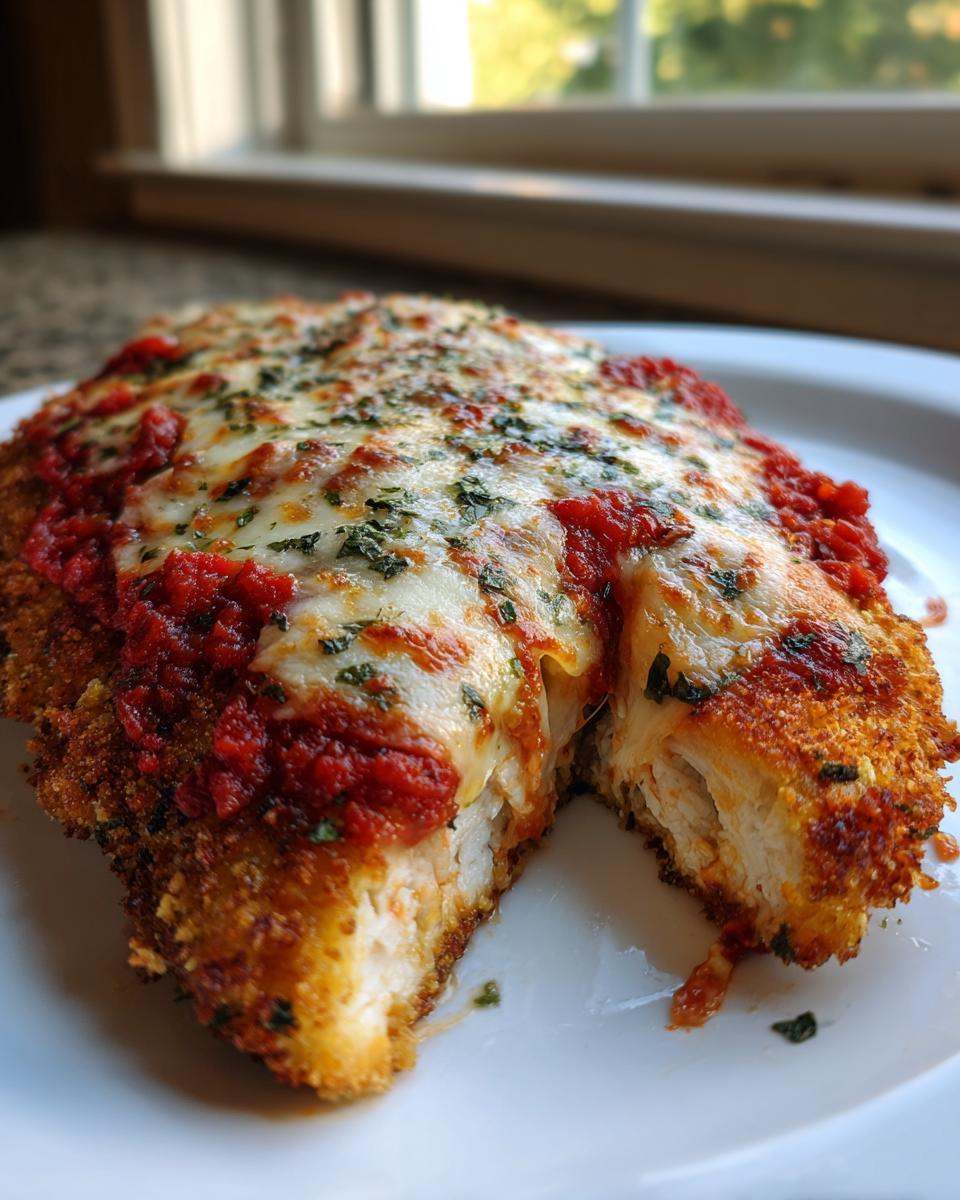 A golden, breaded chicken parmesan recipe cut in half showing juicy white meat, topped with melted mozzarella and marinara sauce.