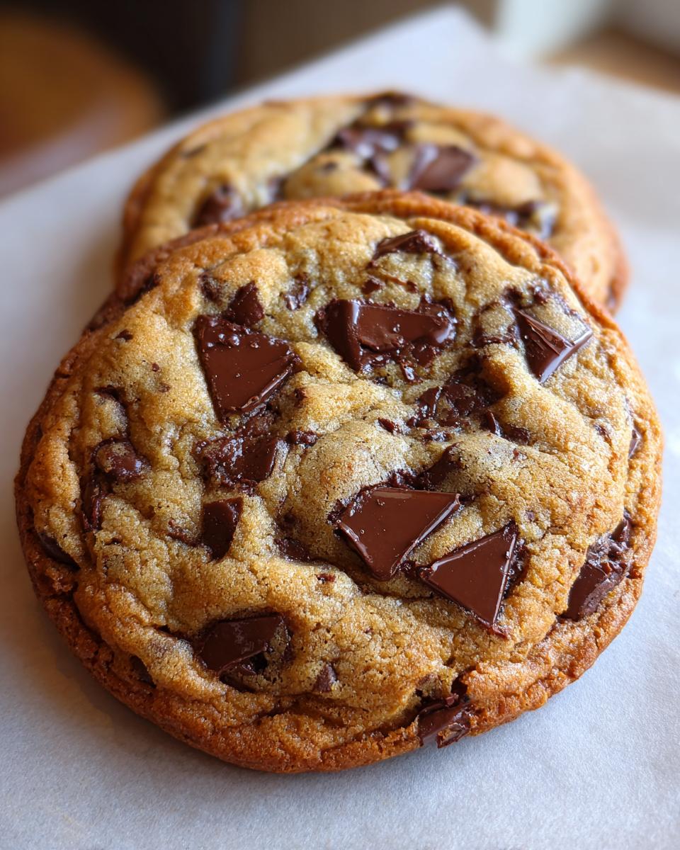 Close-up of a perfectly baked, gooey chocolate chip cookie loaded with large chocolate chunks.