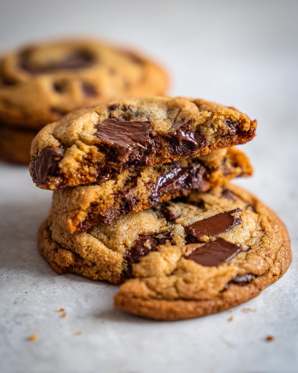 Close-up of amazing chocolate chip cookies stacked, showing a gooey, melted chocolate center.