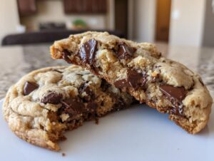 Close-up of amazing chocolate chip cookies broken in half showing a gooey, melted center.