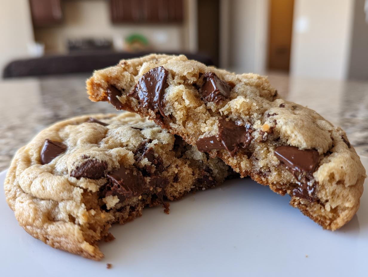 Close-up of amazing chocolate chip cookies broken in half showing a gooey, melted center.