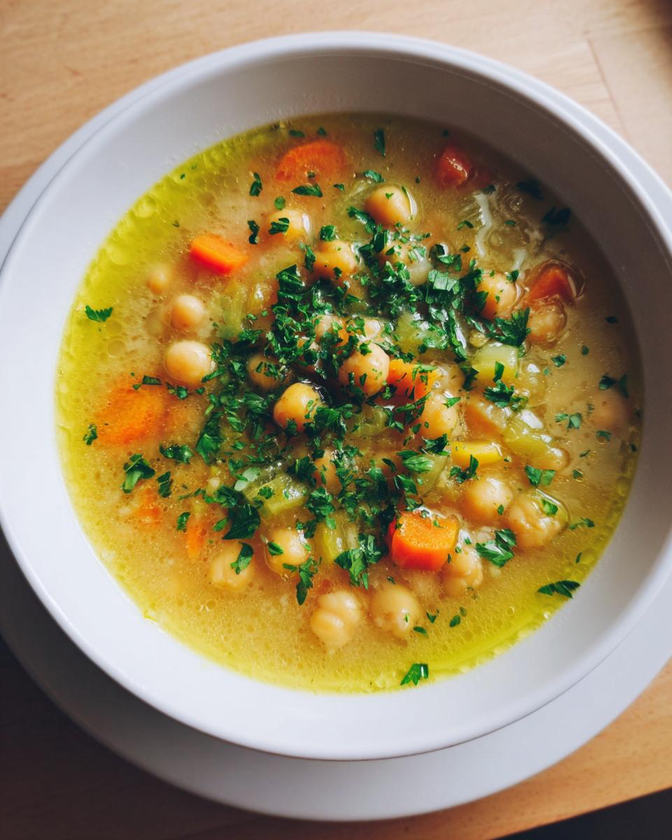 Close-up of a white bowl filled with amazing greek chickpea soup, featuring chickpeas, carrots, and fresh parsley garnish.