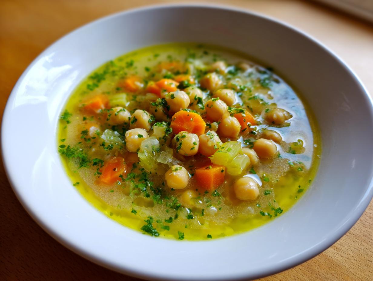 A close-up of a white bowl filled with amazing greek chickpea soup, featuring chickpeas, carrots, celery, and parsley.