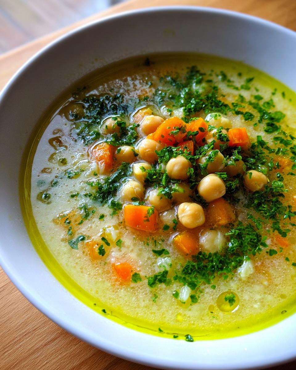 Close-up of a white bowl filled with amazing greek chickpea soup, featuring chickpeas, carrots, and fresh parsley.