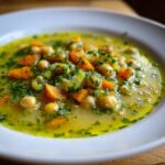 A close-up bowl of amazing greek chickpea soup featuring chickpeas, diced carrots, celery, and fresh parsley in a rich broth.