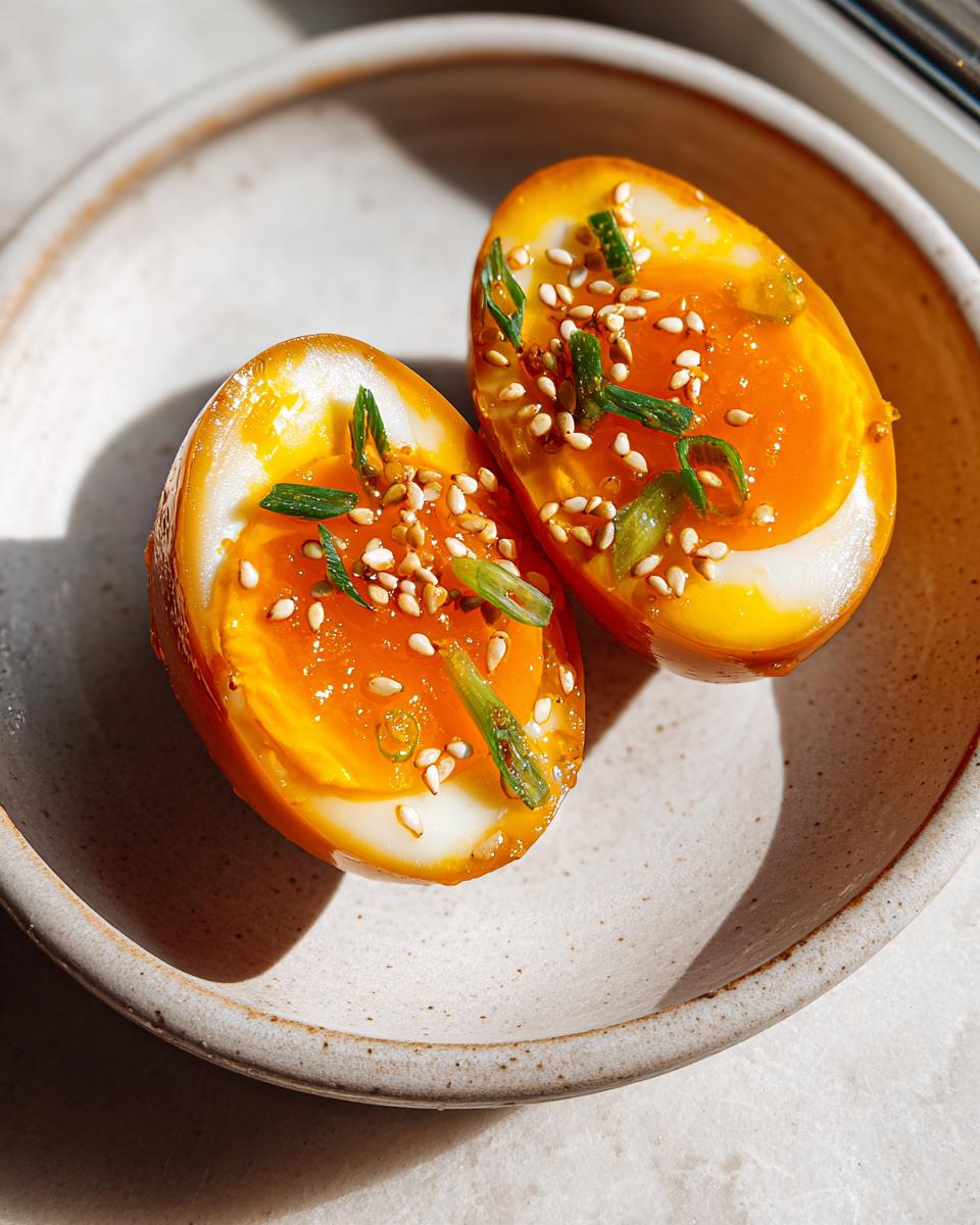 Two halves of soft-boiled marinated eggs with jammy yolks, topped with sesame seeds and green onions.
