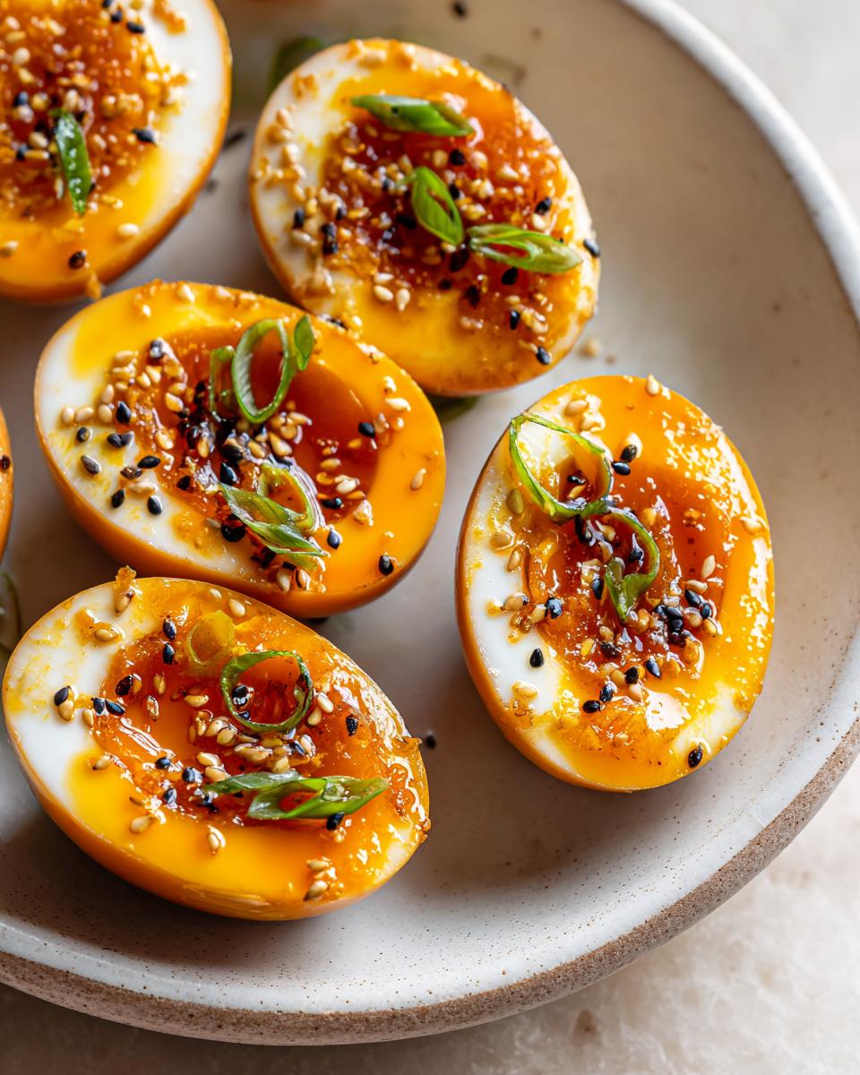 Close-up of several halves of amazing marinated eggs with jammy yolks, topped with sesame seeds and green onions.