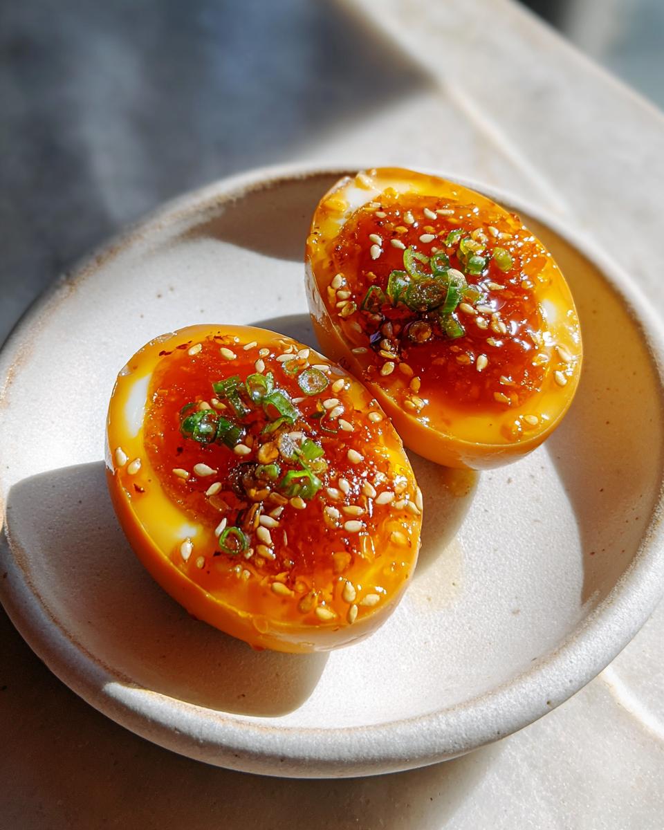 Two halves of amazing marinated eggs, topped with sesame seeds and green onions, glistening on a plate.