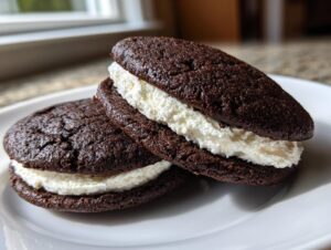 Close-up of two rich, dark chocolate whoopie pies filled with thick white cream frosting, resting on a white plate.