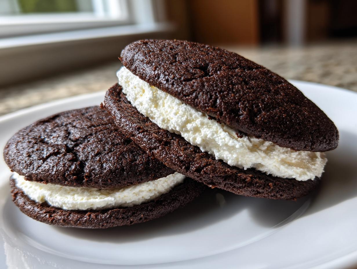 Close-up of two rich, dark chocolate whoopie pies filled with thick white cream frosting, resting on a white plate.