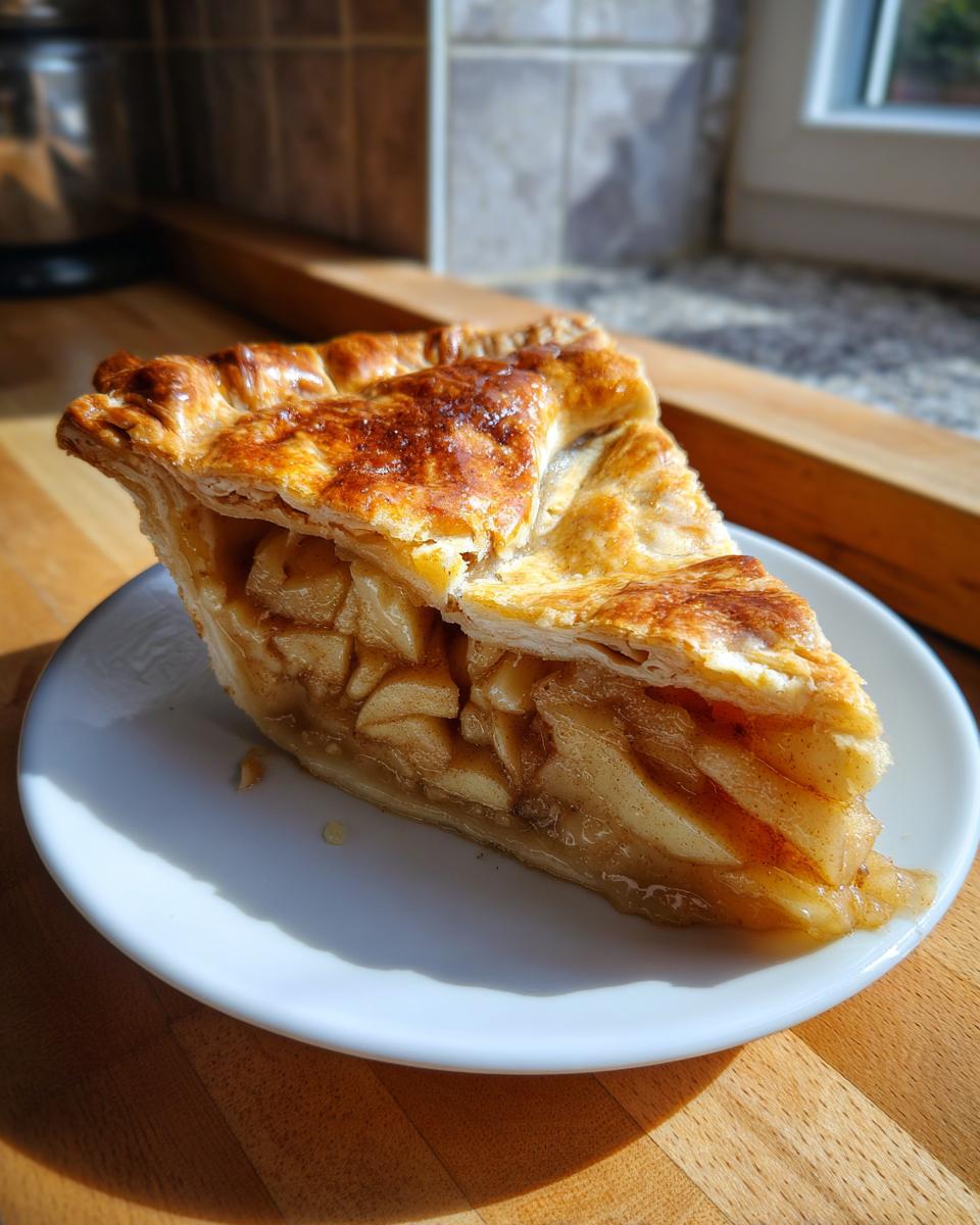A perfect slice of apple pie showing thick, chunky apple filling and a flaky, golden-brown crust.
