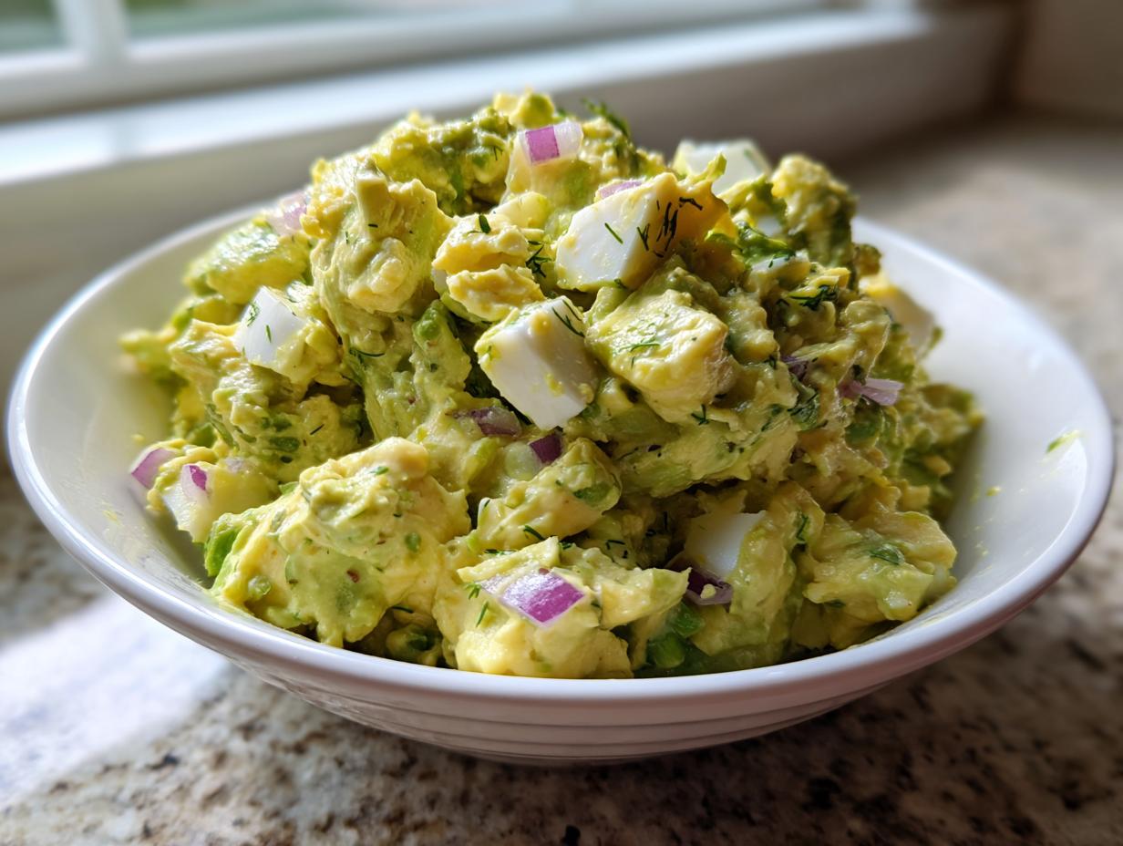 Close-up of creamy avocado egg salad mixed with chunks of hard-boiled egg and diced red onion in a white bowl.