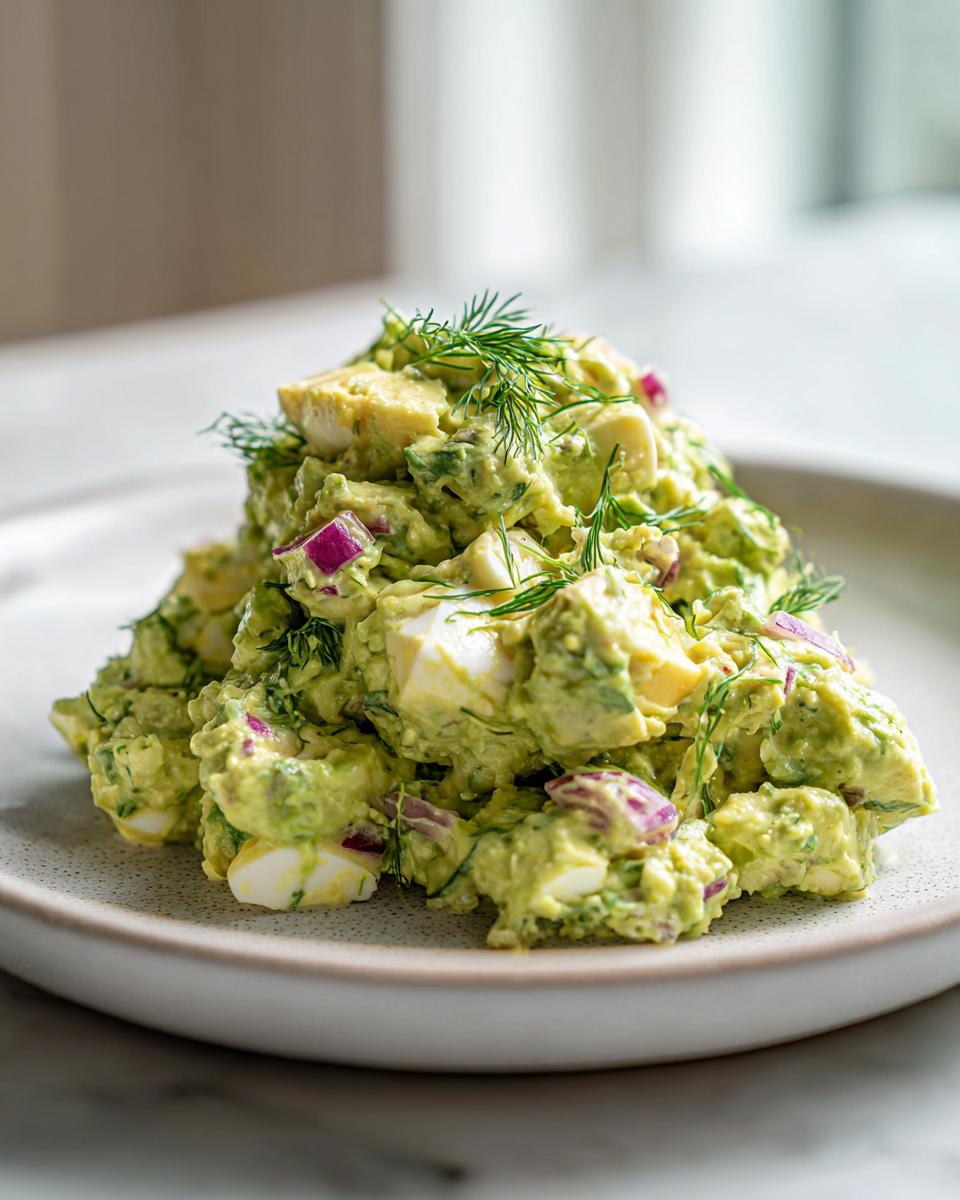 A mound of creamy avocado egg salad mixed with chunks of hard-boiled egg and red onion, garnished with fresh dill.