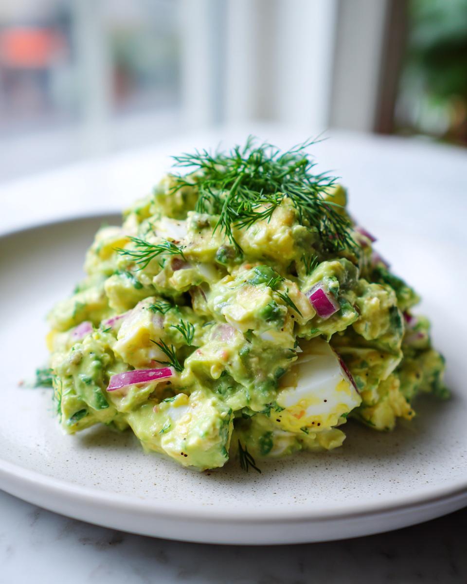 A mound of creamy avocado egg salad mixed with red onion and topped with fresh dill on a light plate.