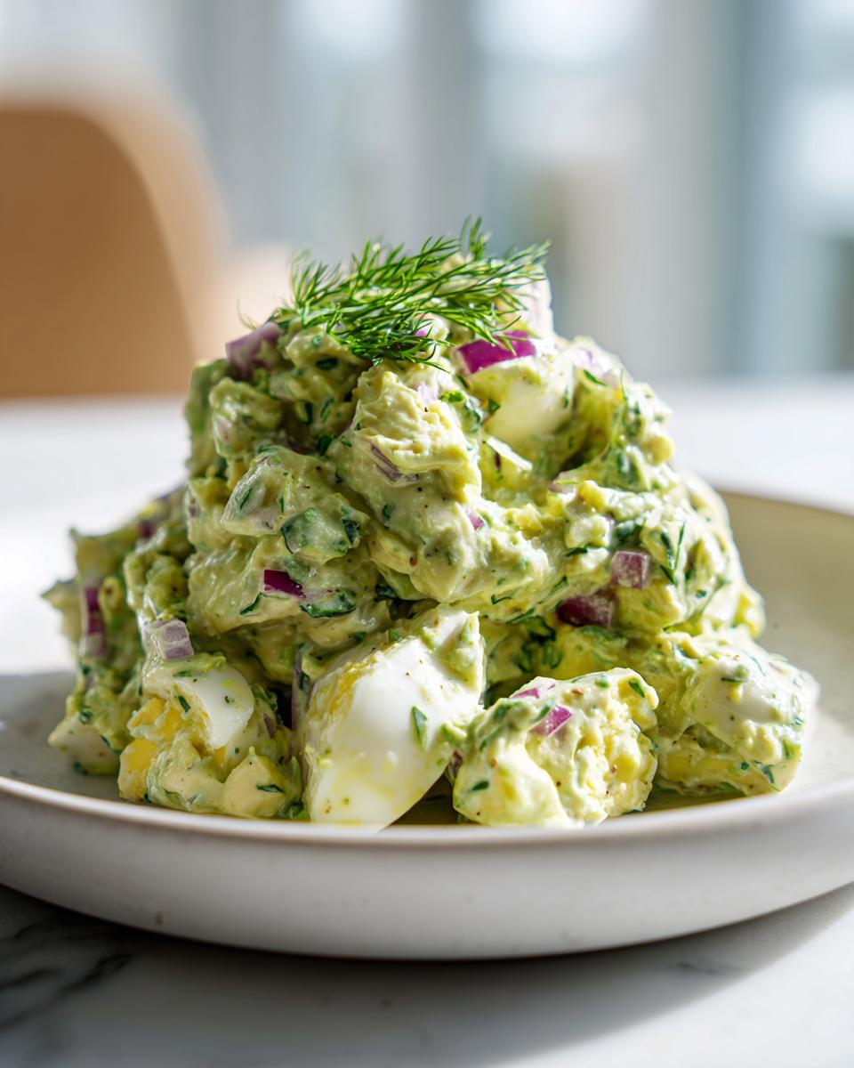 A mound of creamy avocado egg salad mixed with red onion, topped with fresh dill.