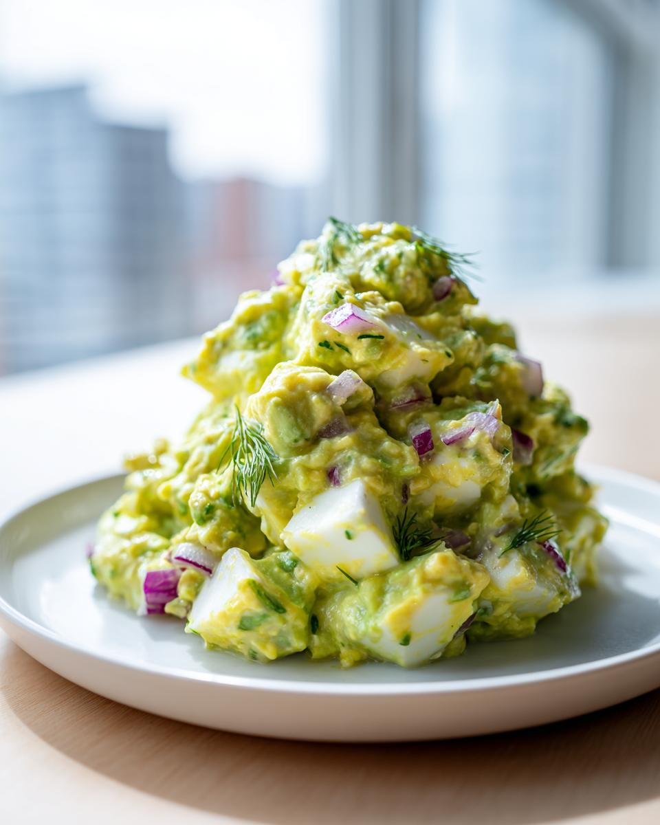 A mound of creamy avocado egg salad featuring chunks of white egg, diced red onion, and dill garnish on a white plate.