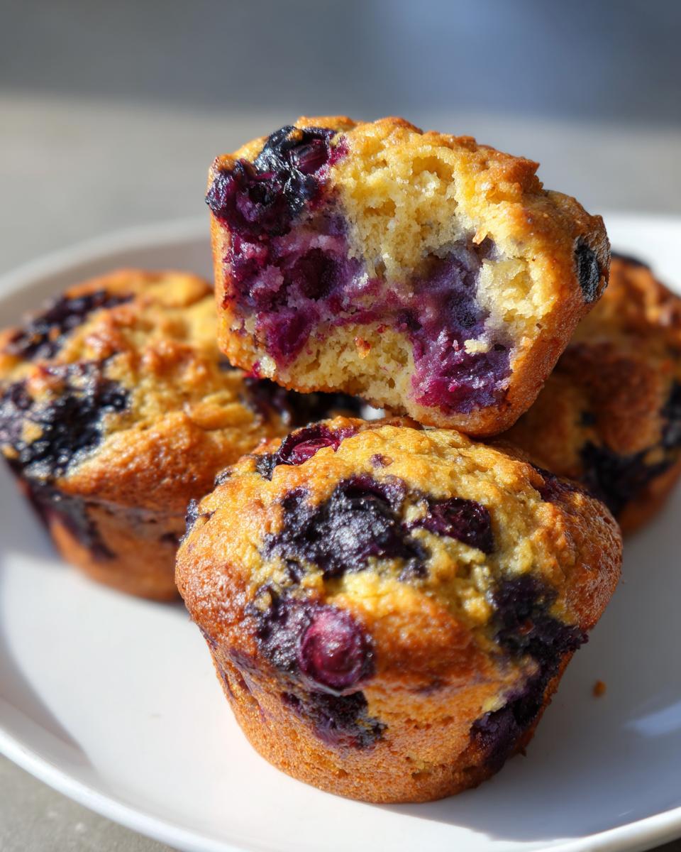 Close-up of a stack of golden blueberry cottage cheese muffins, one broken open showing the moist interior and purple blueberries.