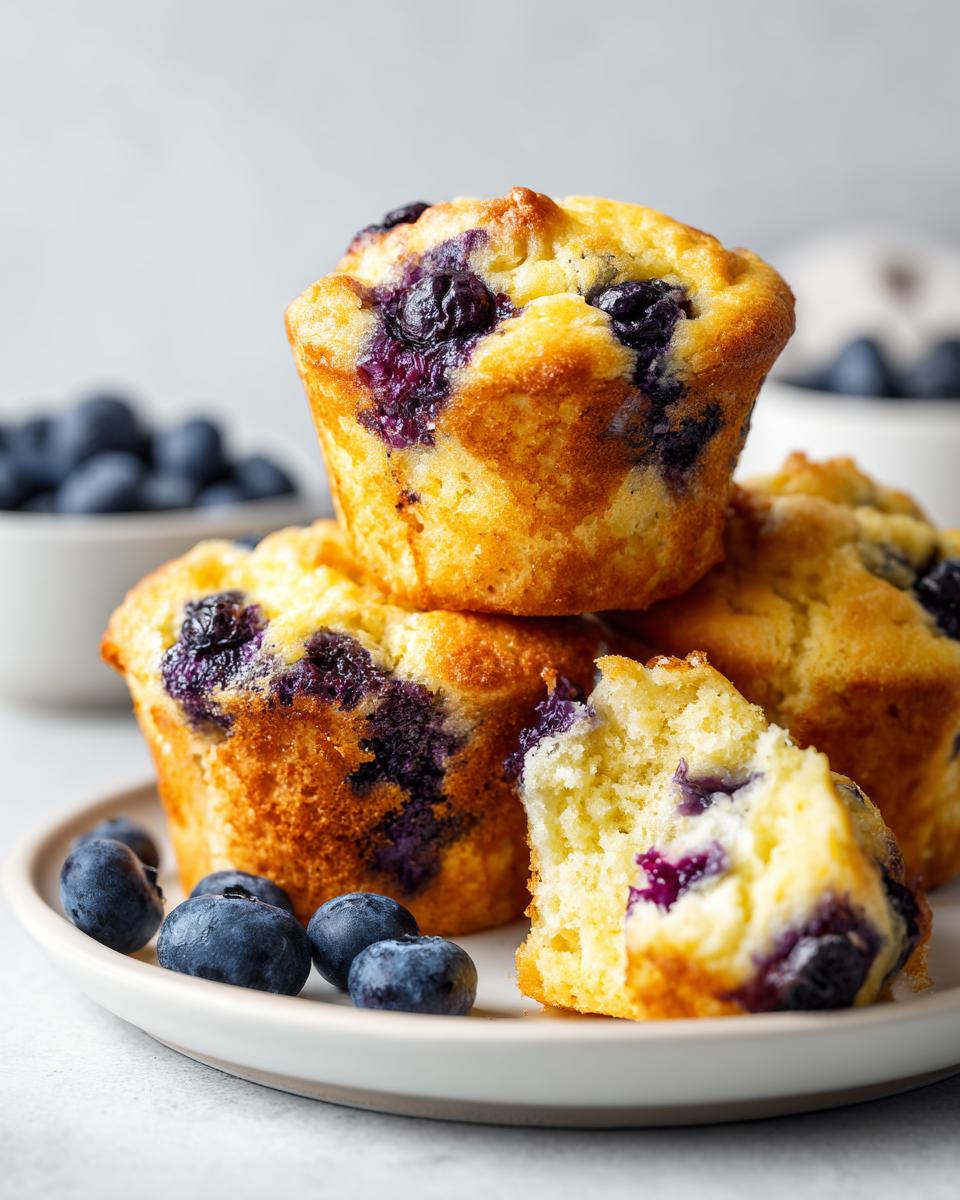 Close-up of golden blueberry cottage cheese muffins, one broken open, served on a white plate with fresh blueberries.