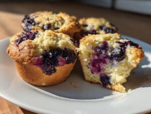 A close-up of golden blueberry cottage cheese muffins, one broken open showing the moist interior and burst blueberries.