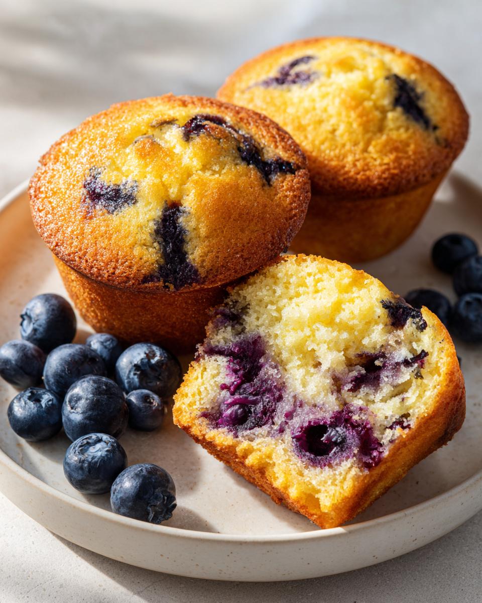 Close-up of delicious blueberry cottage cheese muffins, with one cut in half showing the moist, berry-filled interior.
