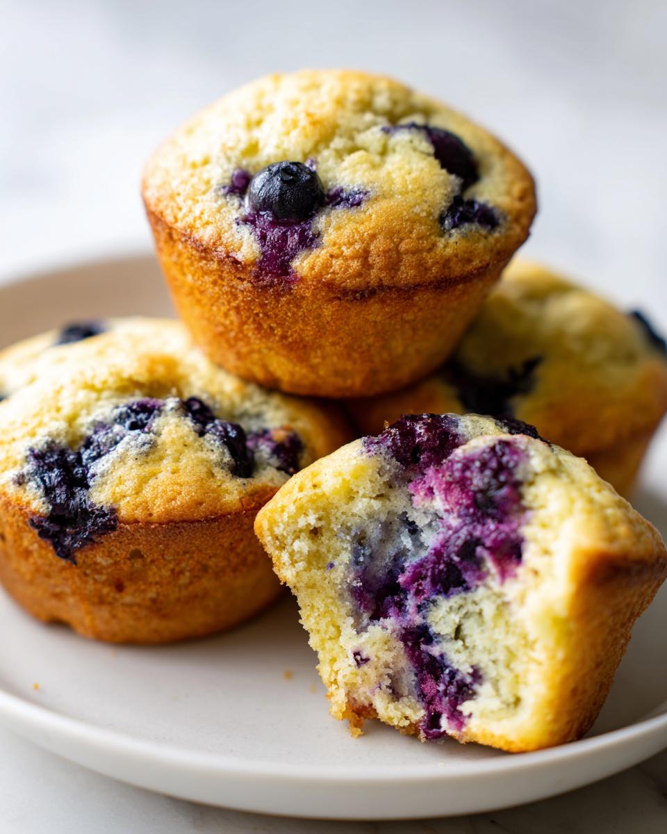 Close-up of golden blueberry cottage cheese muffins, one broken open showing moist interior and burst blueberries.