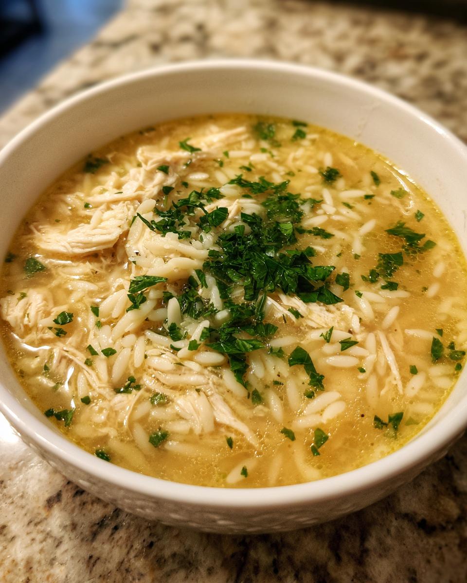 Close-up of a white bowl filled with savory chicken orzo soup, topped with fresh parsley.