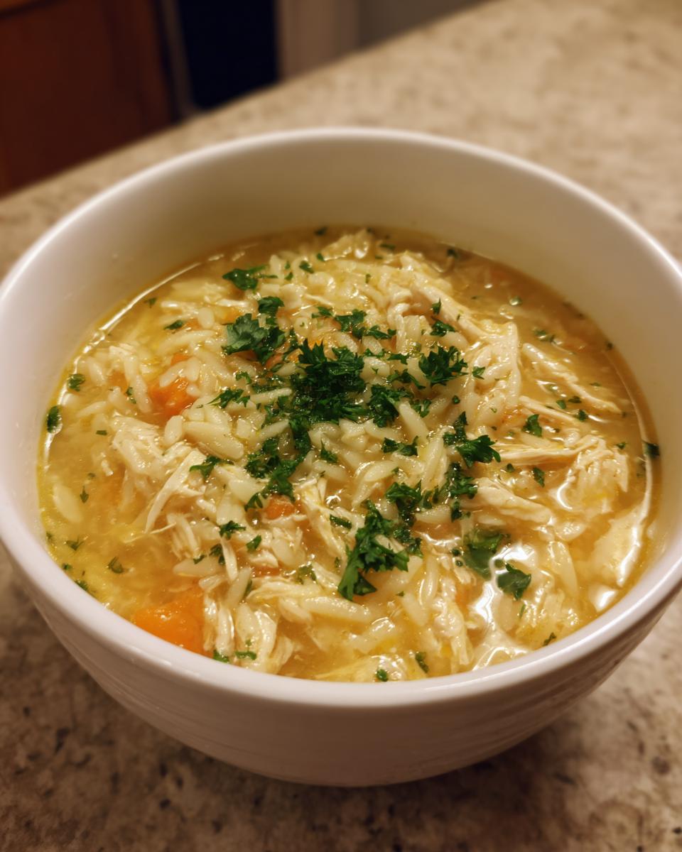 Close-up of a white bowl filled with steaming chicken orzo soup, topped with fresh parsley.