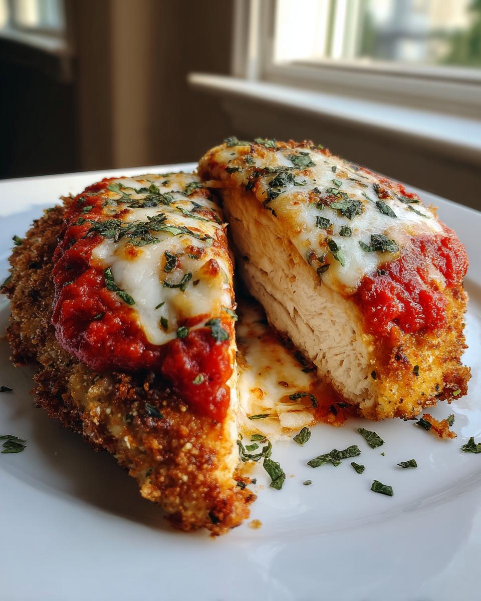 Cross-section view showing the juicy interior of a perfectly cooked chicken parmesan recipe, topped with melted cheese and sauce.
