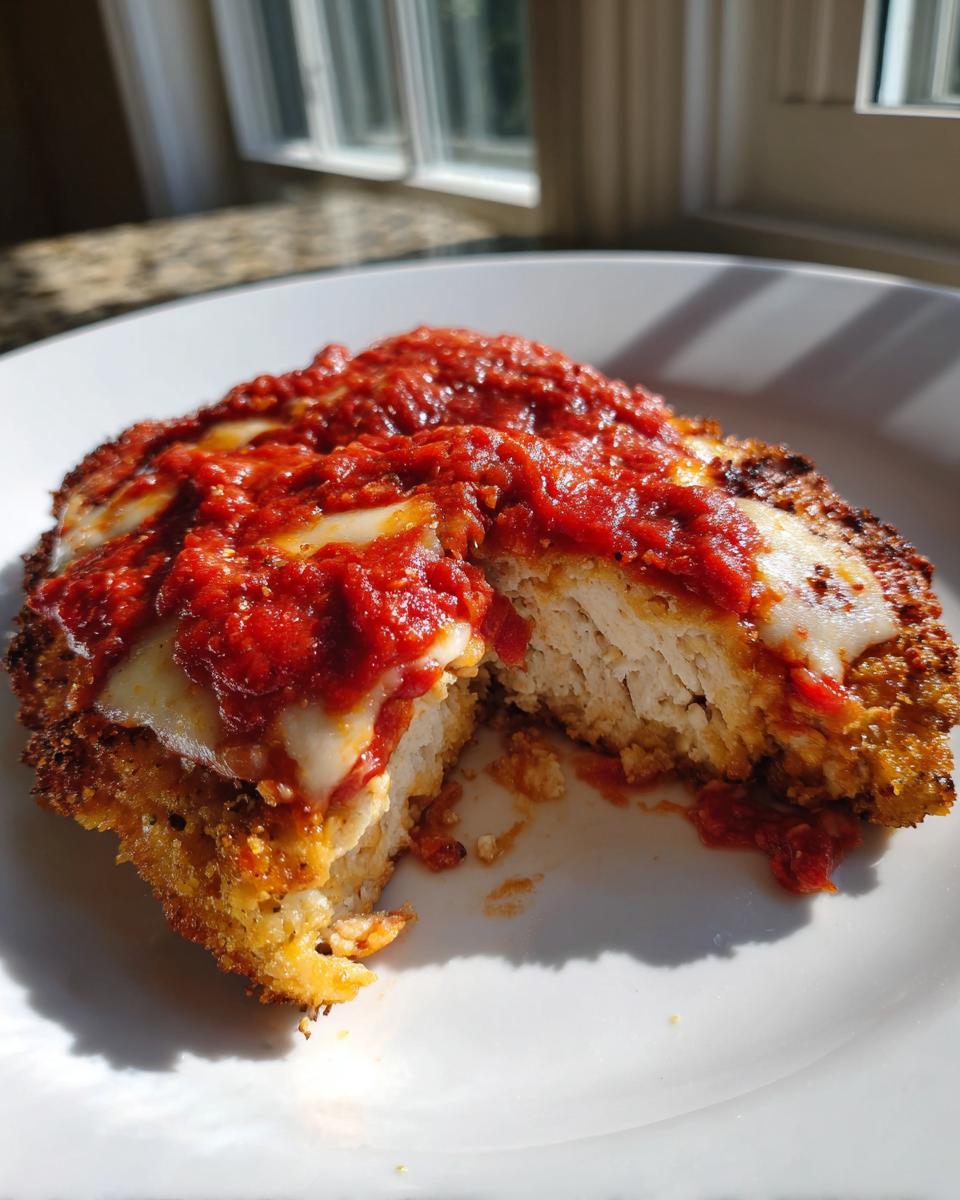 Cross-section view showing the juicy interior of a breaded chicken parmesan recipe topped with melted mozzarella and marinara sauce.