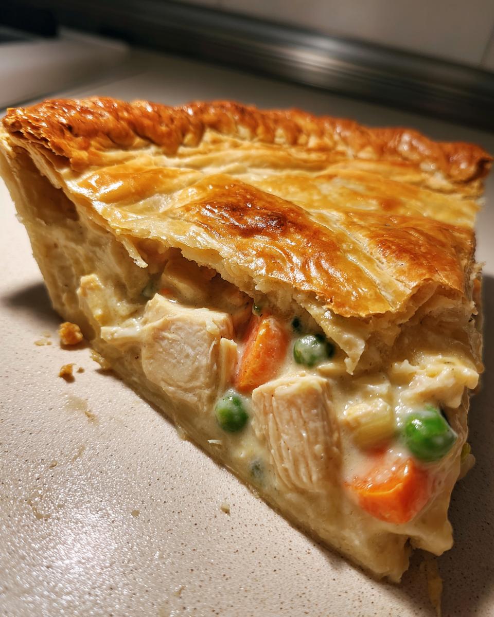 Close-up of a slice of chicken pot pie showing flaky crust and creamy filling with chicken, carrots, and peas.