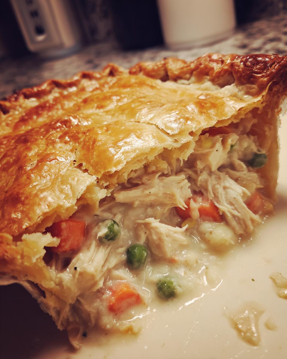Close-up of a slice of chicken pot pie showing flaky golden crust and creamy filling with shredded chicken, carrots, and peas.