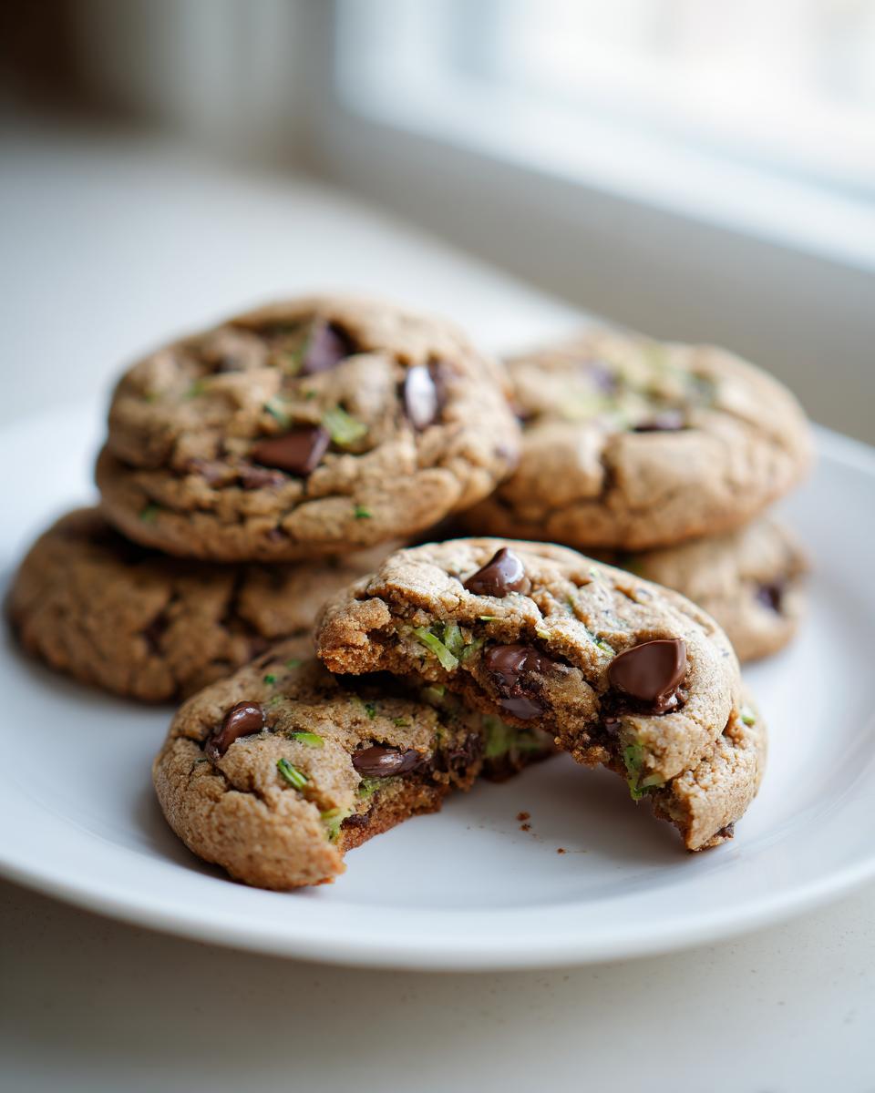A stack of soft chocolate chip zucchini cookies, one broken open to show the moist interior and shredded zucchini.