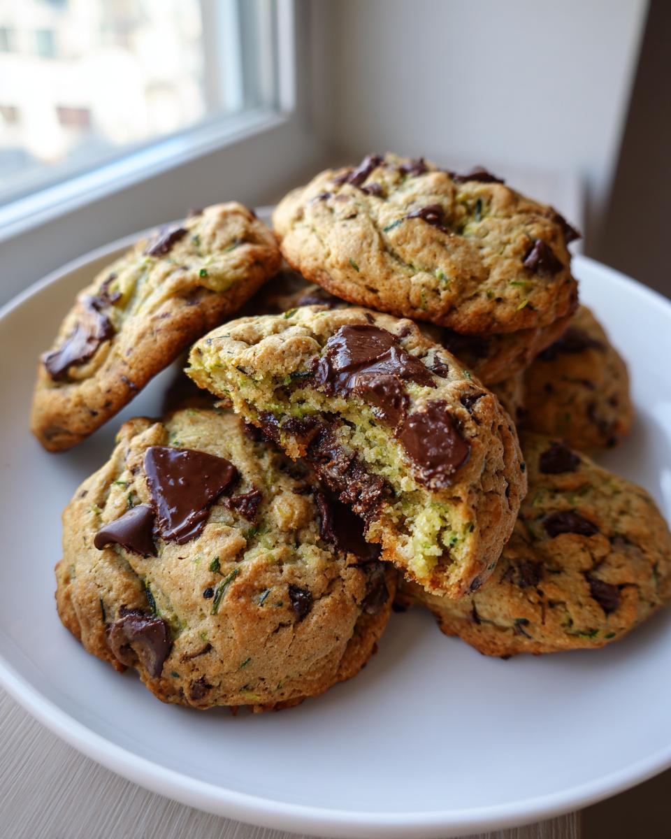 A pile of soft zucchini cookies loaded with melted chocolate chips, one cookie is broken open showing the green zucchini texture.