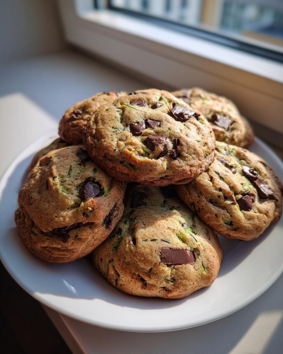 A stack of freshly baked chocolate chip zucchini cookies resting on a white plate near a window.