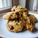 A stack of soft chocolate chip zucchini cookies, one broken open revealing melted chocolate and green shreds of zucchini.