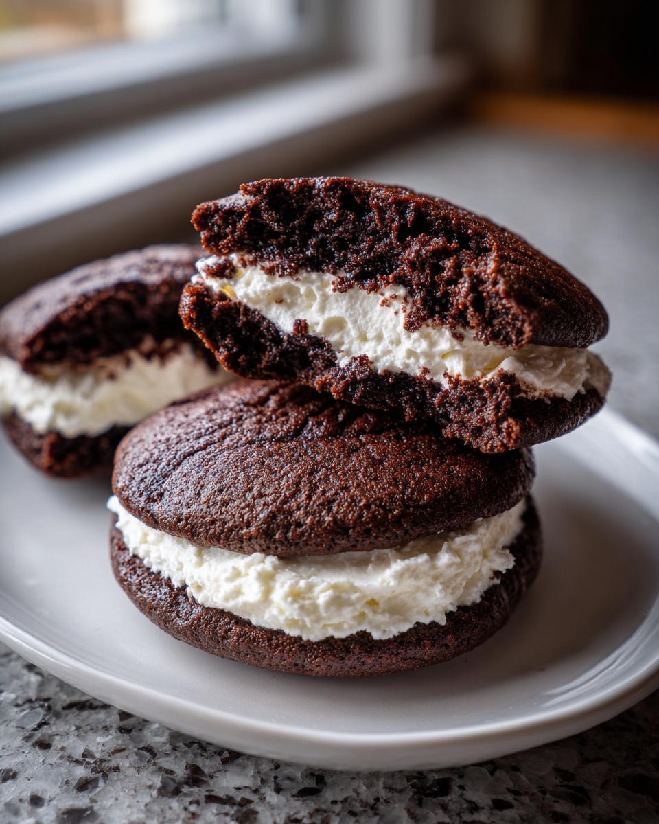 Close-up of two rich chocolate whoopie pies stacked on a white plate, showing the fluffy white cream filling.
