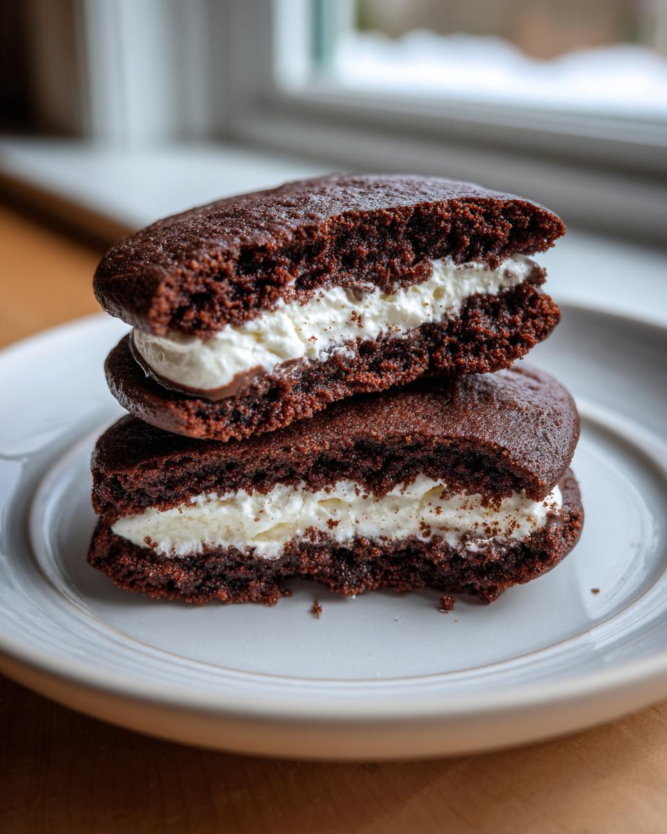 Two chocolate whoopie pies stacked, showing the fluffy white cream filling inside.