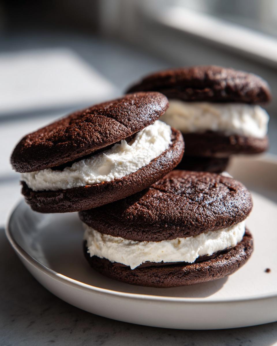 Close-up of stacked chocolate whoopie pies with thick white cream filling on a white plate.