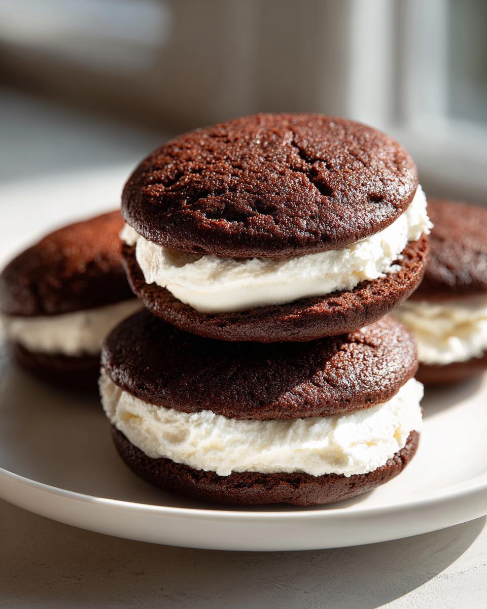 A stack of two rich chocolate whoopie pies filled with thick white cream frosting, sitting on a white plate.
