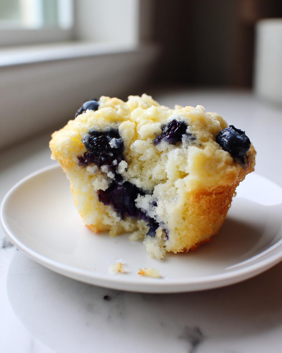 Close-up of a bitten cottage cheese blueberry muffin showing moist interior and fresh blueberries.